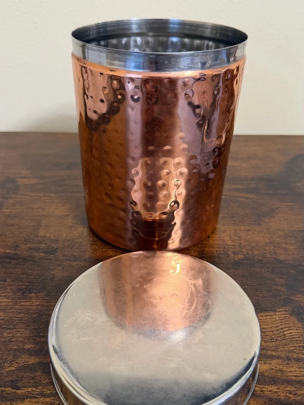 Hammered Copper Like Storage Canister with Silver Lid - Kitchen Coffee Accessory